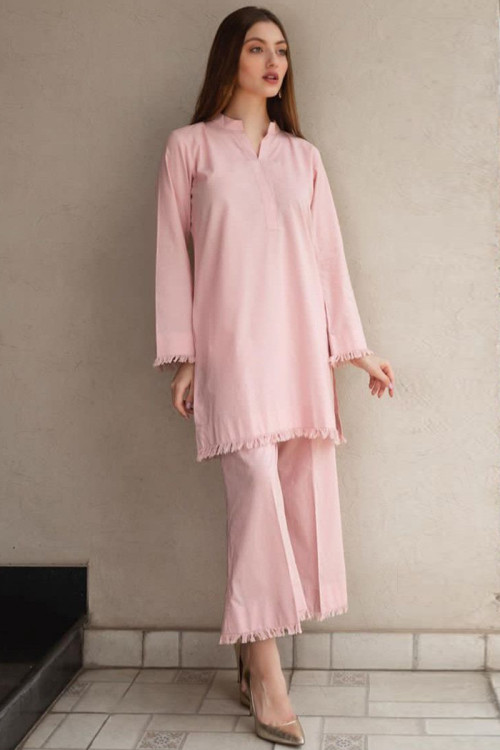 Light Pink Cotton Straight Cut Plain Trouser Suit for Eid