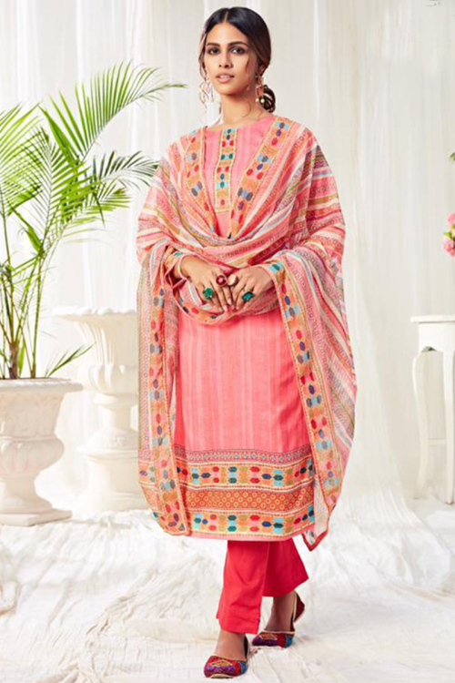 Light Pink Cotton Printed Trouser Salwar Suit