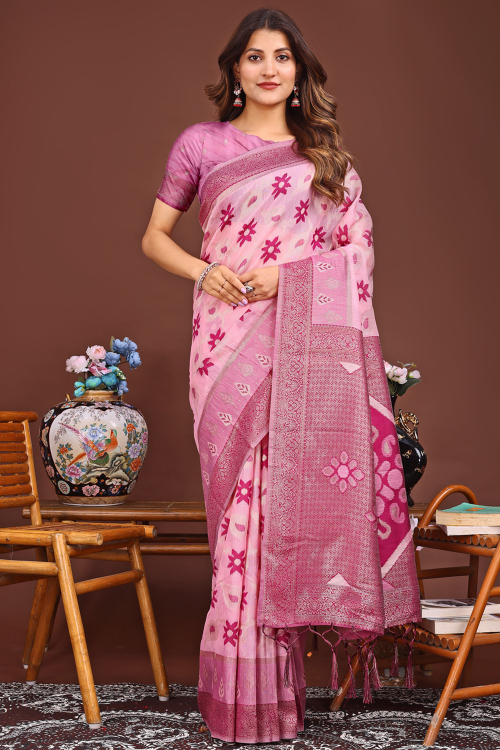Light Pink Cotton Weaved Saree For Festival