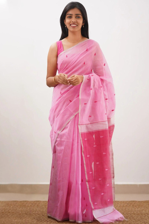 Light Pink Cotton Weaved Thread Light Weight Saree