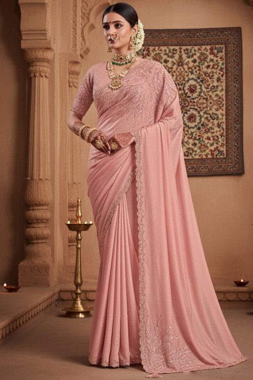 Light Pink Crepe Light Weight Saree With Sequins Work