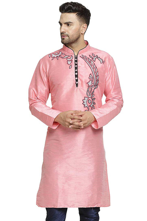 Light Pink Dupion Silk Embroidered Men's Kurta