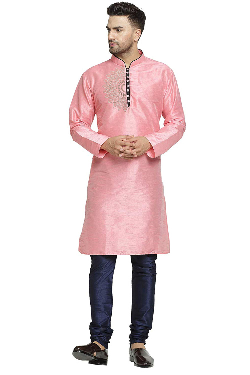 Light Pink Dupion Silk Embroidered Straight Cut Men's Kurta Churidar
