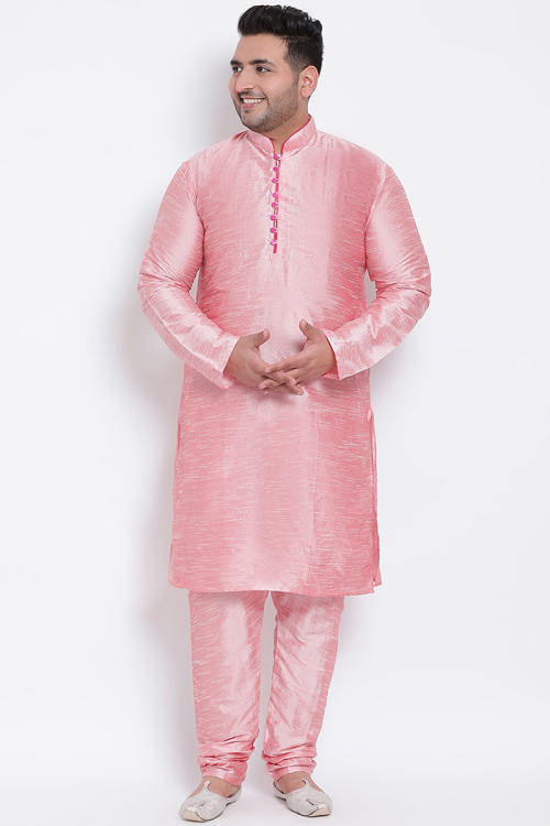 Light Pink Dupion Silk Men Kurta With Churidar