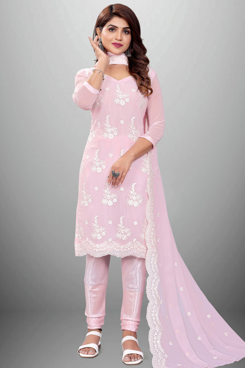 Light Pink Embroidered Georgette Casual Wear Churidar Suit 