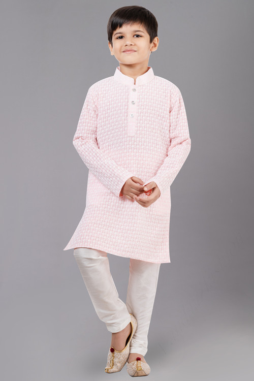 Light Pink Georgette Embroidered Boy's Kurta Pajama