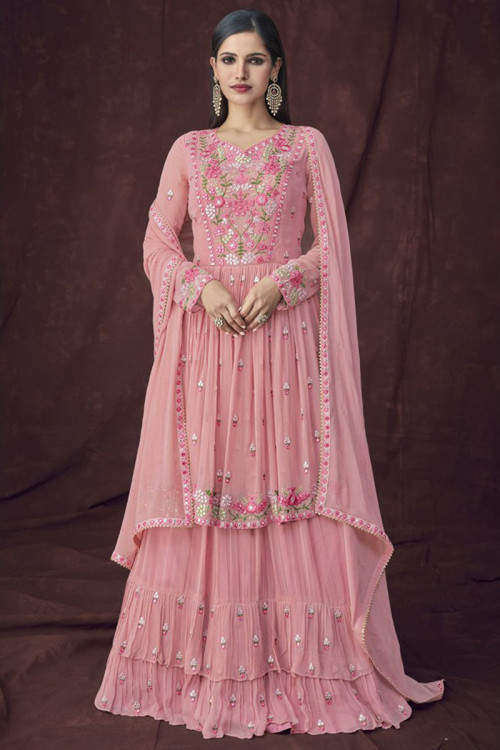 Georgette Light Pink Party Wear Lehenga with Resham embroidery