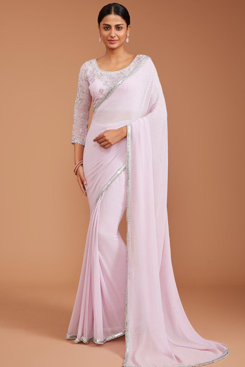 Light pink Georgette Embroidered Party Wear Saree