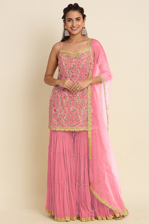 Sharara Suit in Light Pink Georgette for Bridesmaid Wear