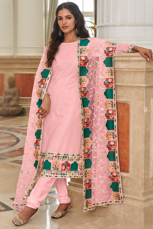 Light Pink Georgette Embroidered Straight Cut Churidar Suit