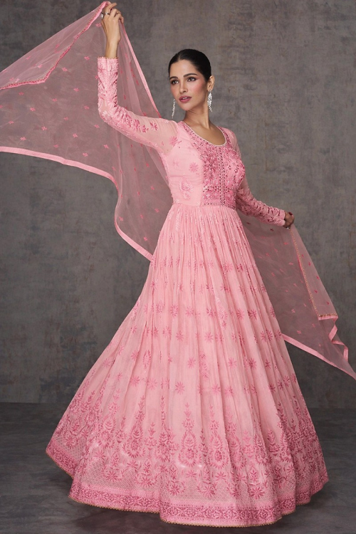 Light Pink Net Embroidered Eid Wear Anarkali Suit