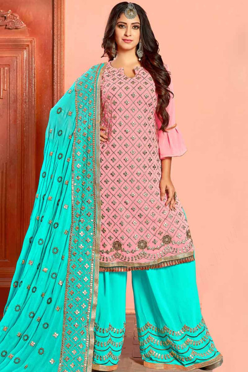 Light Pink Georgette Palazzo Suit With Zari Work