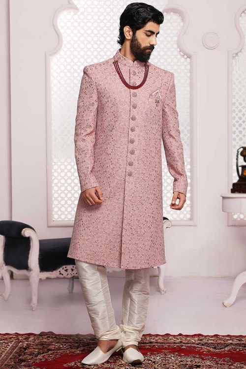 Light Pink Georgette Thread And Gotta Patti Embroidered Men Sherwani With Churidar