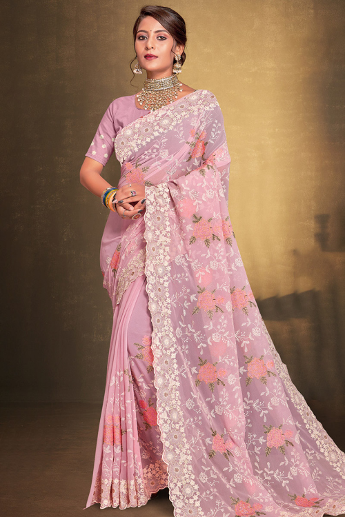 Light Pink Heavy Embroidered Georgette Saree For Sangeet 