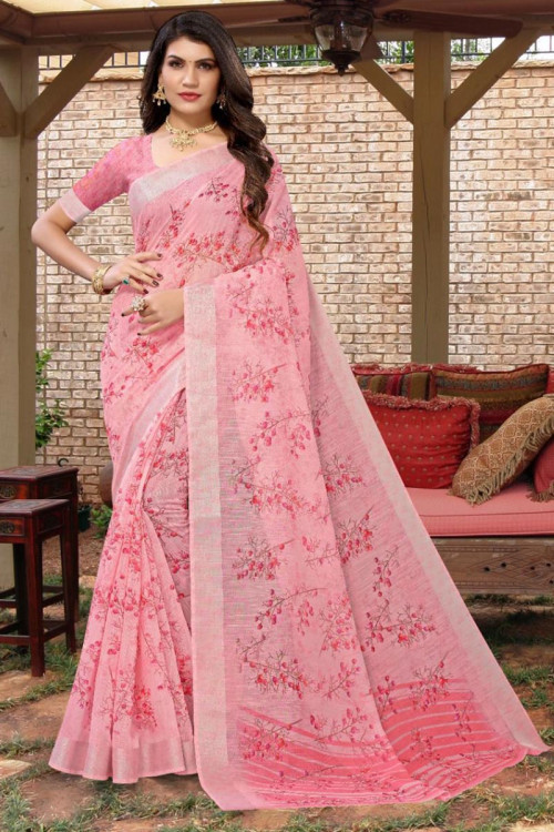 Digital Print Casual Wear Saree in Light Pink Linen