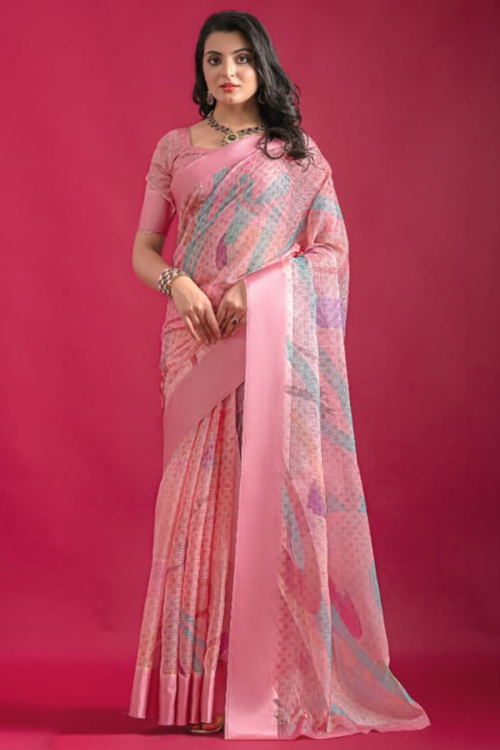 Light Pink Linen Woven Zari Light Weight Saree 