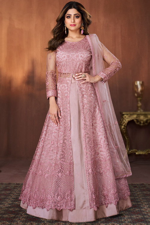 Wedding Wear Sequins Embroidered Light Pink Anarkali Suit in Net