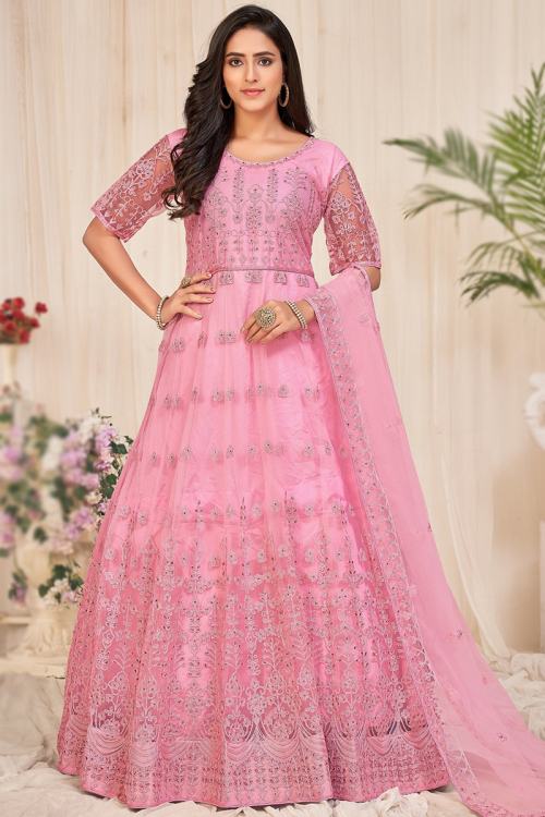 Resham Work Light Pink Anarkali Suit in Net for Sangeet