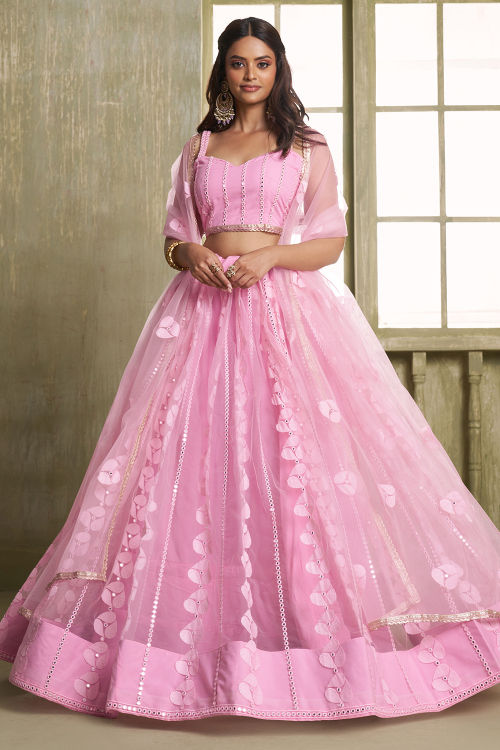 Light Pink Net Embroidered Flared Style Lehenga 