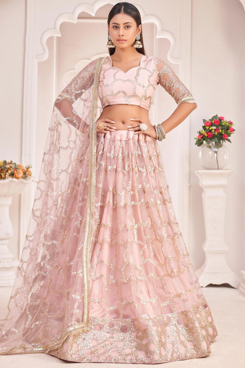Wedding Wear Thread Embroidered Lehenga in Net Light Pink