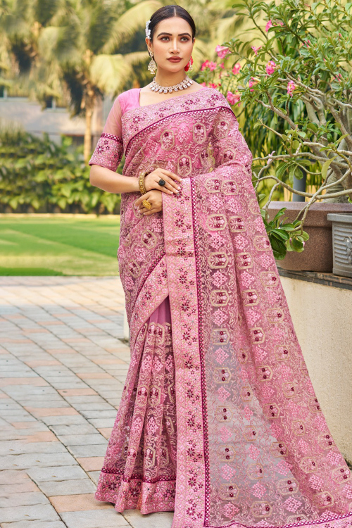 Light Pink Net Embroidered Saree For Festival 
