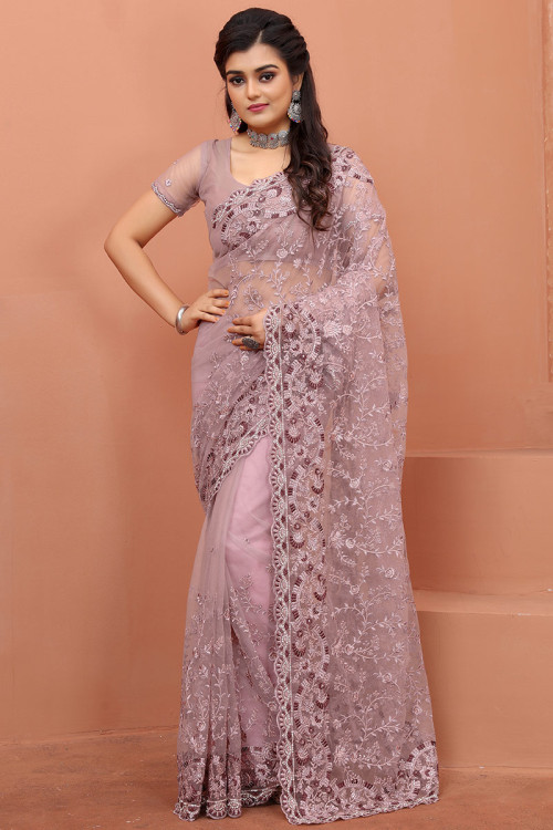 Net Saree in Light Pink colour with Resham Work for Wedding 
