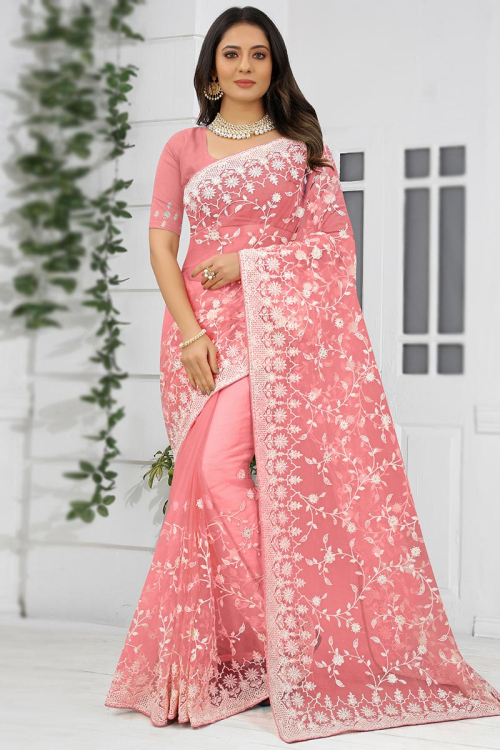 Light Pink Net Saree for Party Wear with Resham embroidery