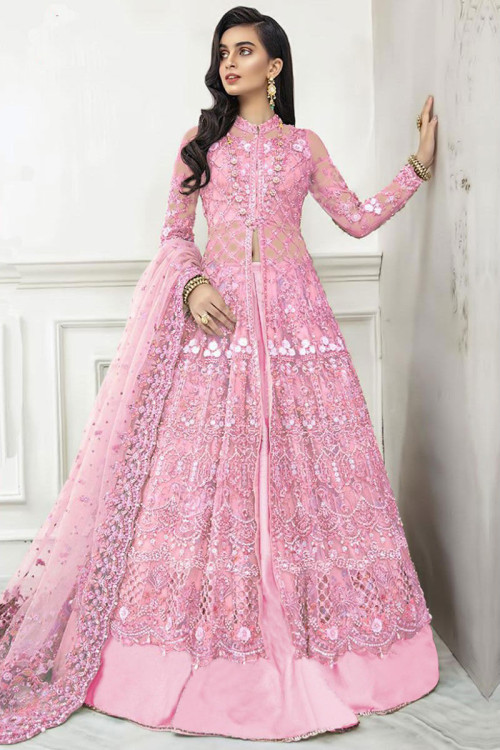 Light Pink Net Indo-Western Anarkali Suit