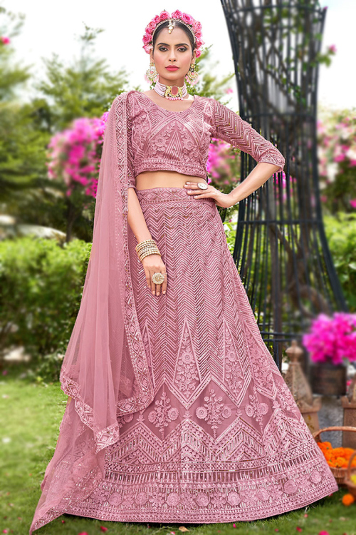 Light Pink Net Resham Embroidered Flared style Lehenga