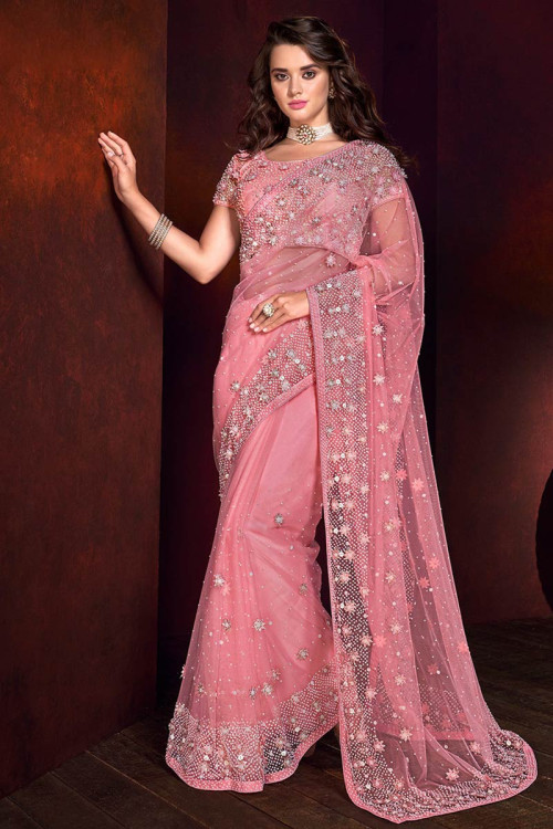 Light Pink Net Saree With Net Blouse