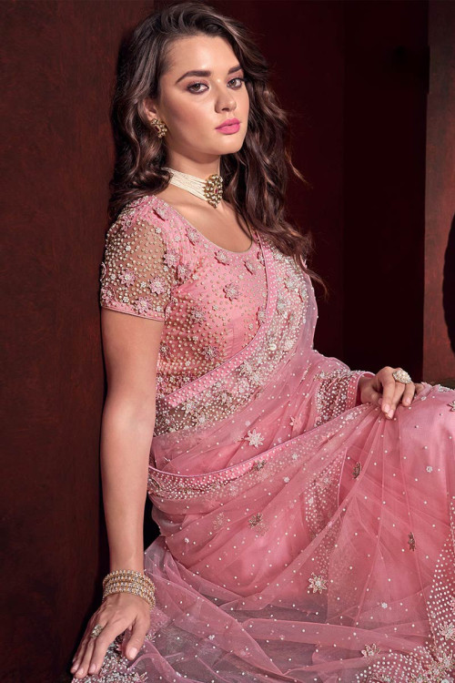 Buy Light Pink Net Saree With Net Blouse Online - SARV02652 | Andaaz ...