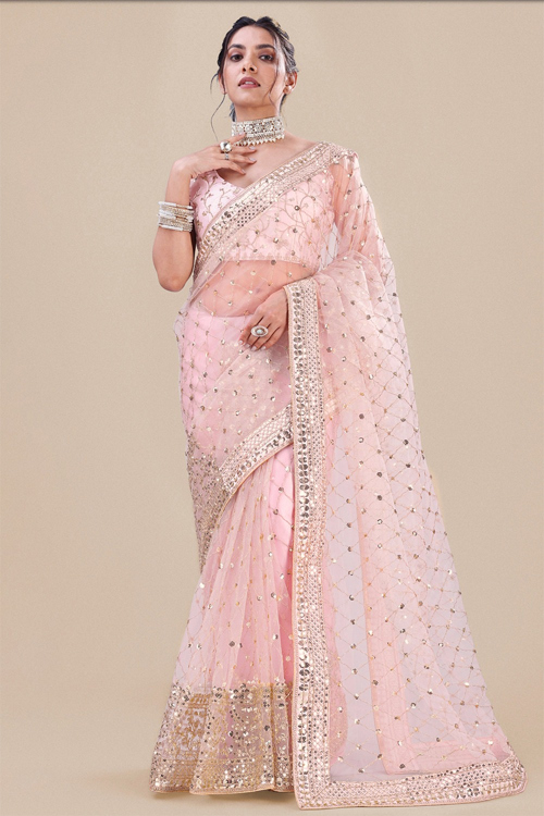 Light Pink Net Sequins Embroidered Fancy Saree 