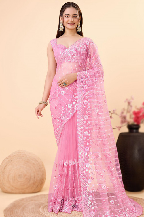 Light Pink Net Sequins Embroidered Party Wear Saree 