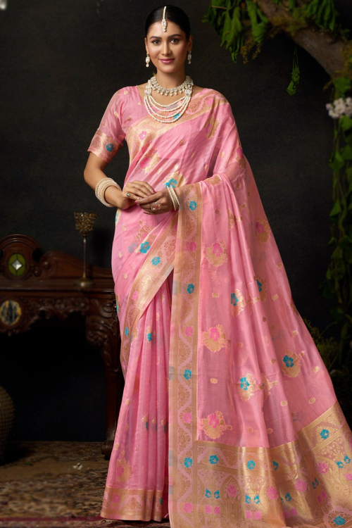 Light Pink Organza Broad Border Saree With Weaved Work