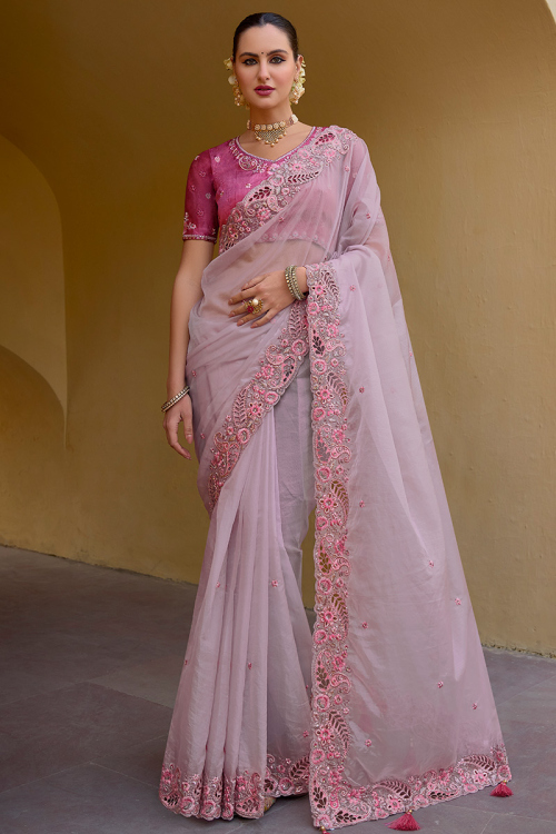 Light Pink Organza Embroidered Light Weight Saree