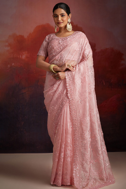 Light Pink Organza Embroidered Light Weight Saree 