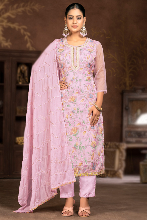 Light Pink Organza Printed Straight Cut Trouser Suit