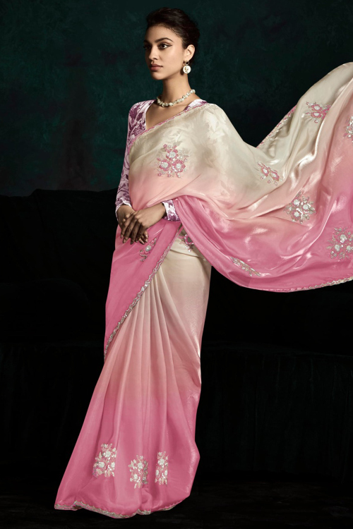 Light Pink Organza Saree with Printed Work for Diwali Wear