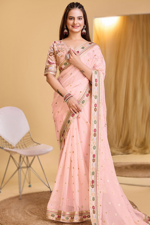 Light Pink Organza Sequins Embroidered Saree For Sangeet 