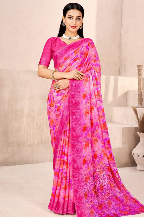 Light Pink Printed Chiffon Saree For Casual Wear