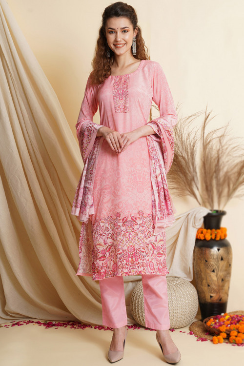 Light Pink Printed Crepe Straight Cut Casual Wear Trouser Suit 