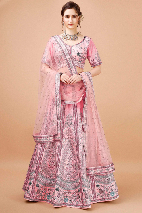 Light Pink Printed Panelled Style Satin Silk Lehenga