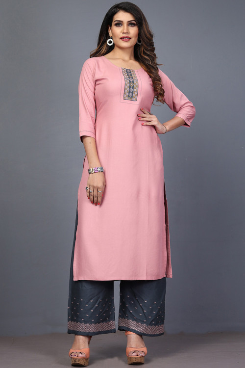 Light Pink Rayon Embroidered Palazzo Suit