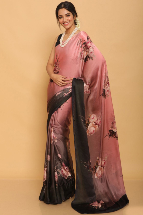 Light Pink Satin Digital Print Indian Saree