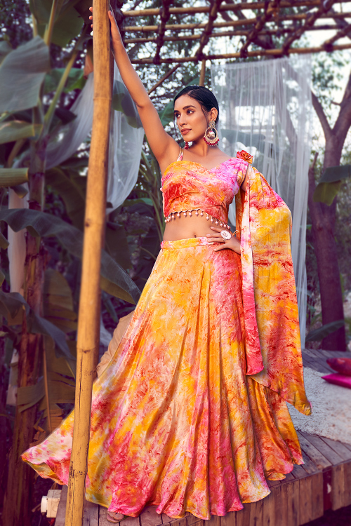 Light Pink Satin Printed Ready Made Flared Style Lehenga
