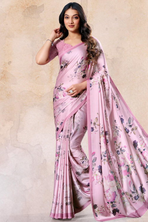Light Pink Satin Saree With Printed Work For Casual Wear