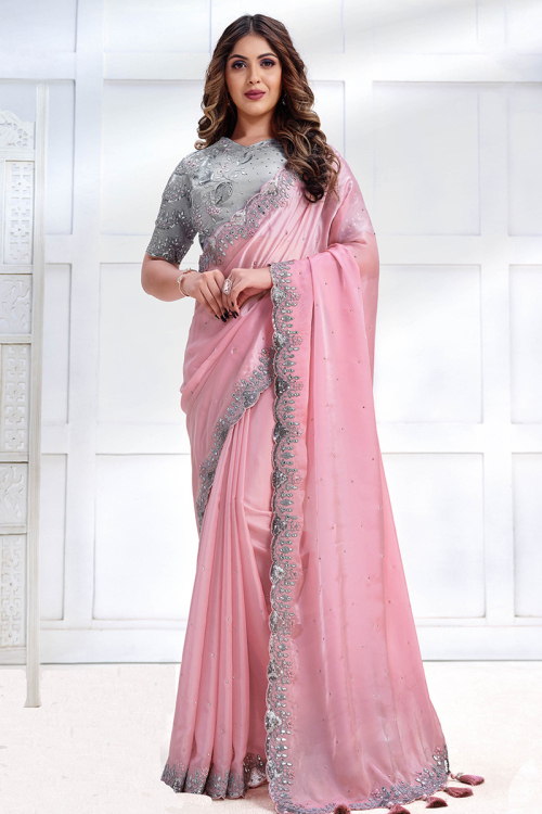Light Pink Satin Silk Embroidered Light Weight Saree