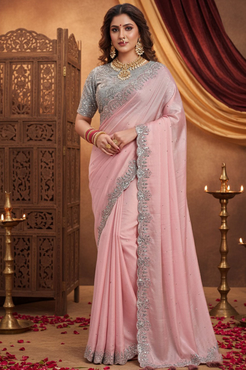 Light Pink Satin Zari Embroidered Shimmer Saree 