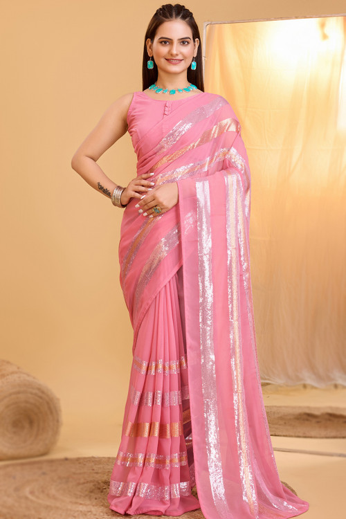 Light Pink Sequins Embroidered Georgette Party Wear Saree 