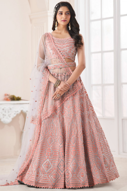 Light Pink Sequins Embroidered Net Panelled Style Lehenga 